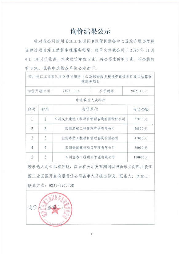 詢(xún)價(jià)結(jié)果公示