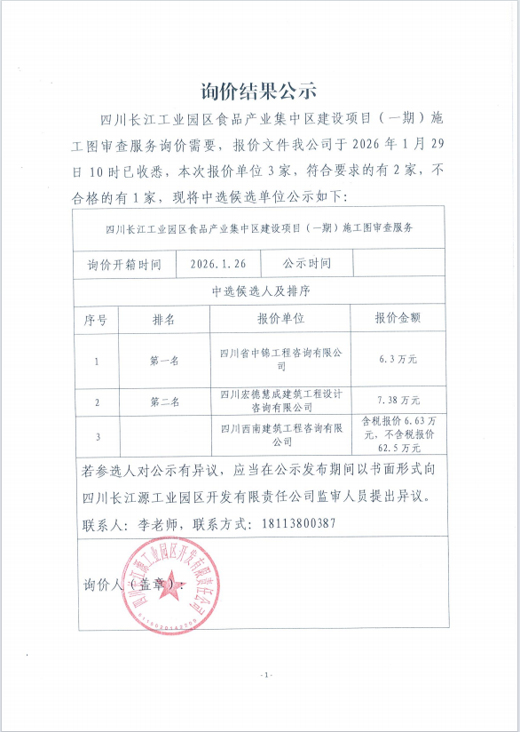 詢價結(jié)果公示