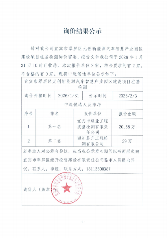 詢價結(jié)果公示