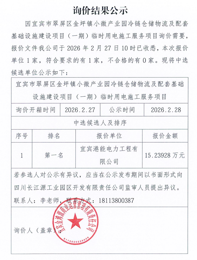 詢價結(jié)果公示